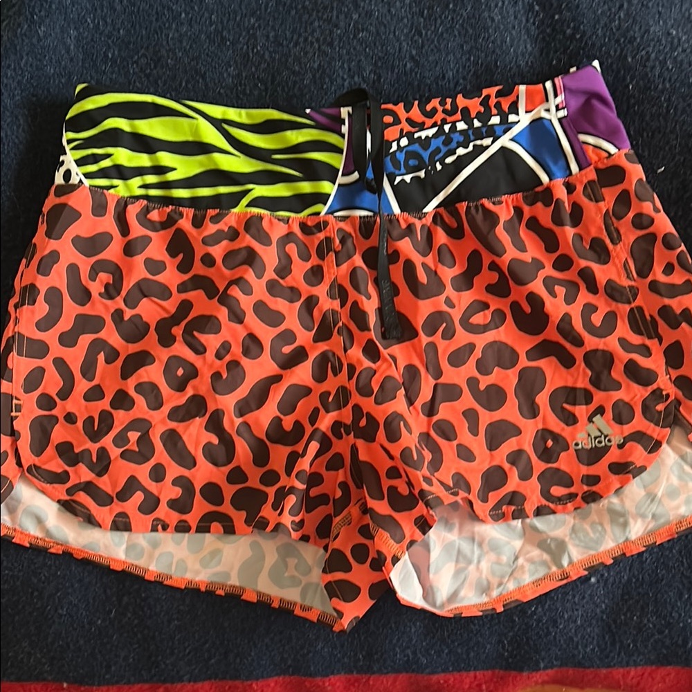 Adidas Orange and Green Athletic Shorts with Leopard Print